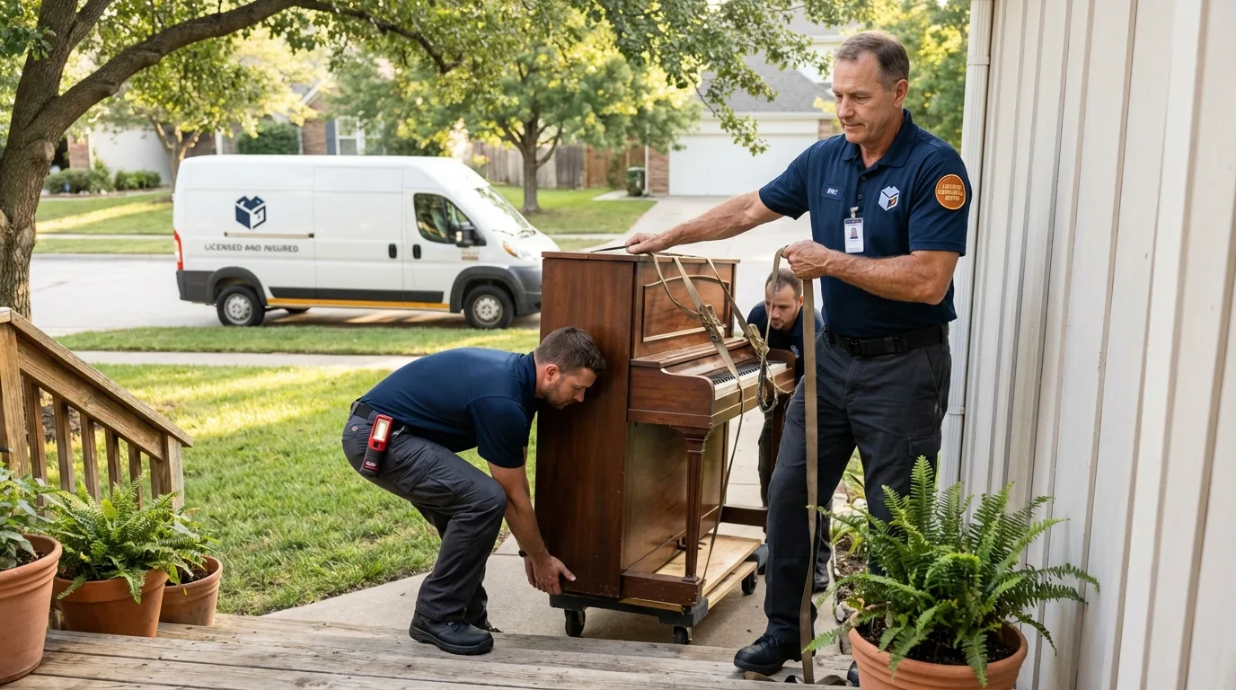 Licensed piano movers securing grand piano in Girard, PA