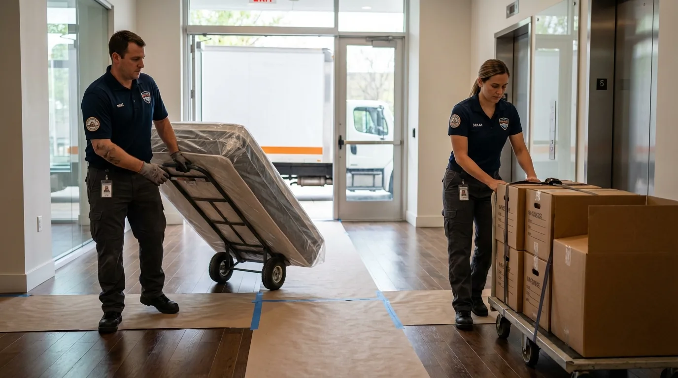Professional apartment movers loading elevator in Girard, PA