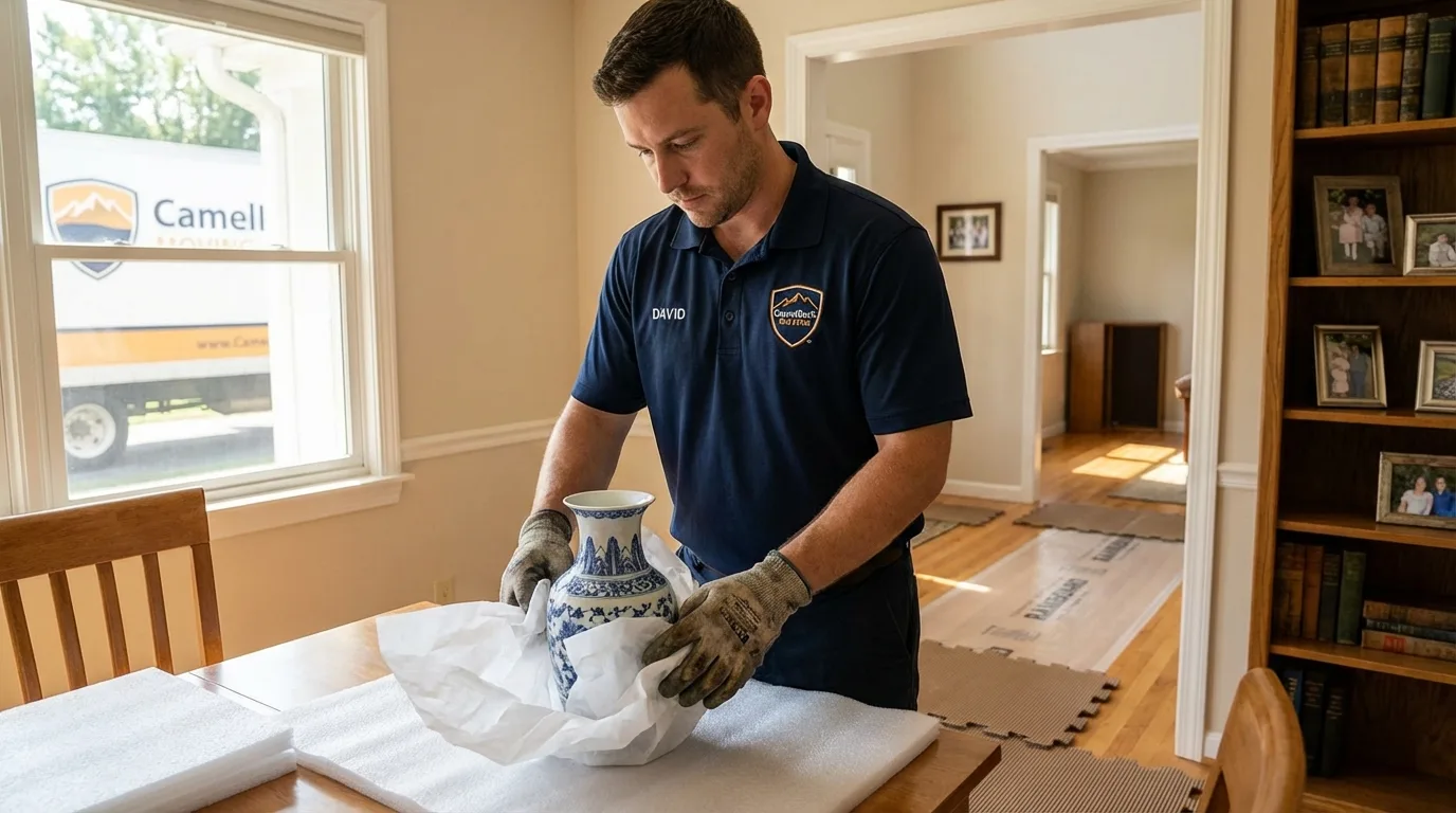 Professional crew carefully wrapping antique vase for senior downsizing move in Girard, PA